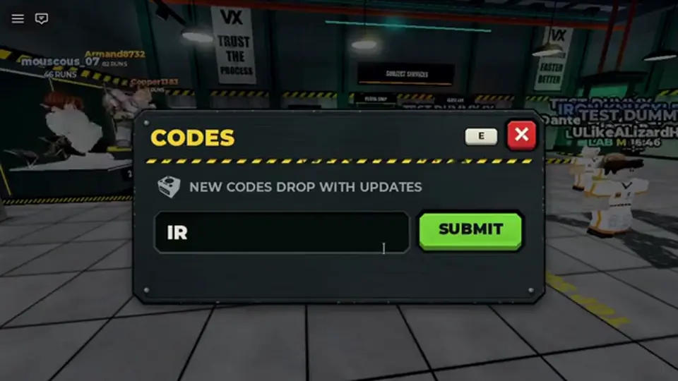 Punch Walls to Escape left HUD Codes overlay with the redeem input